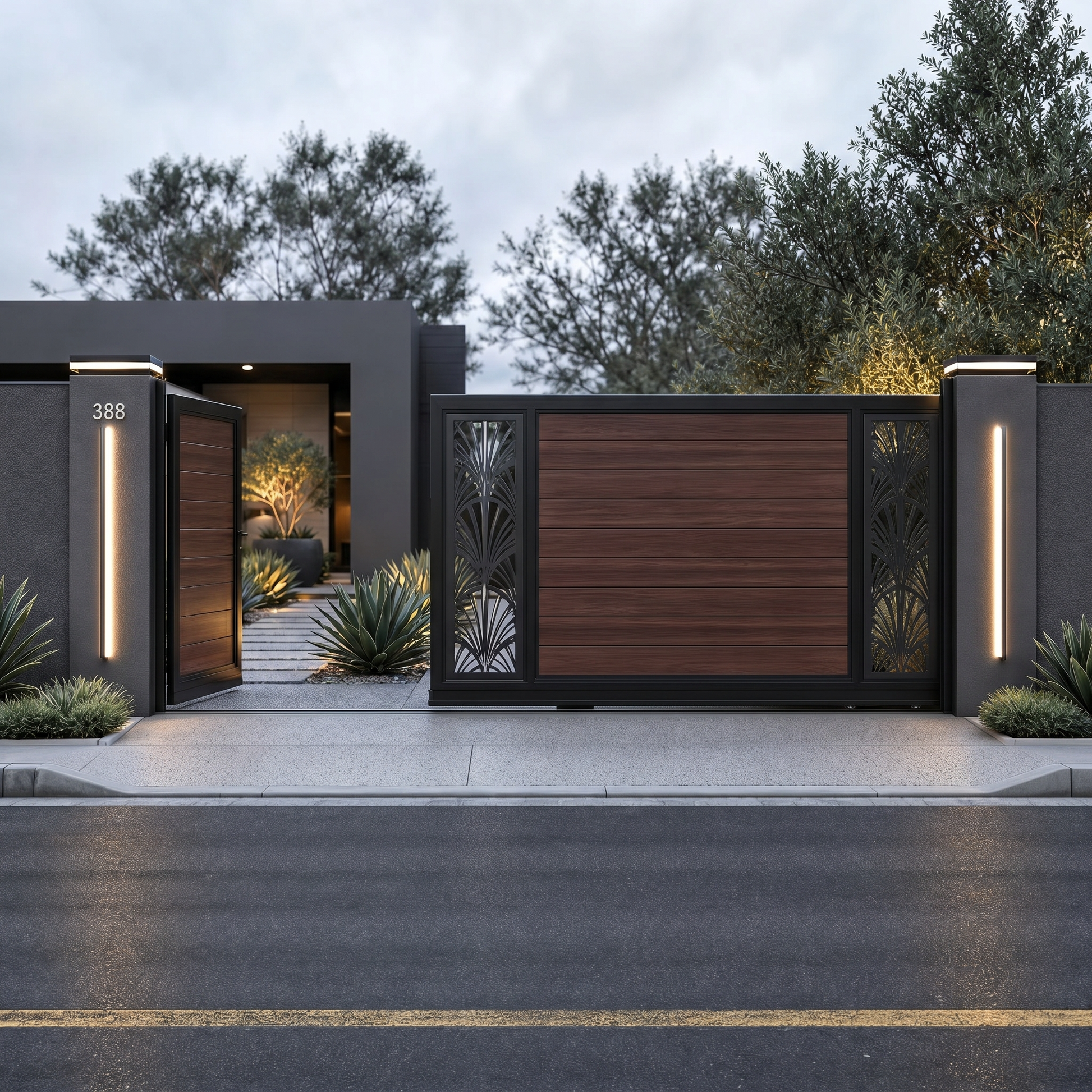 Walnut electric sliding gate, horizontal WPC slats with palm-motif laser-cut side screens, rich deep brown, motorised