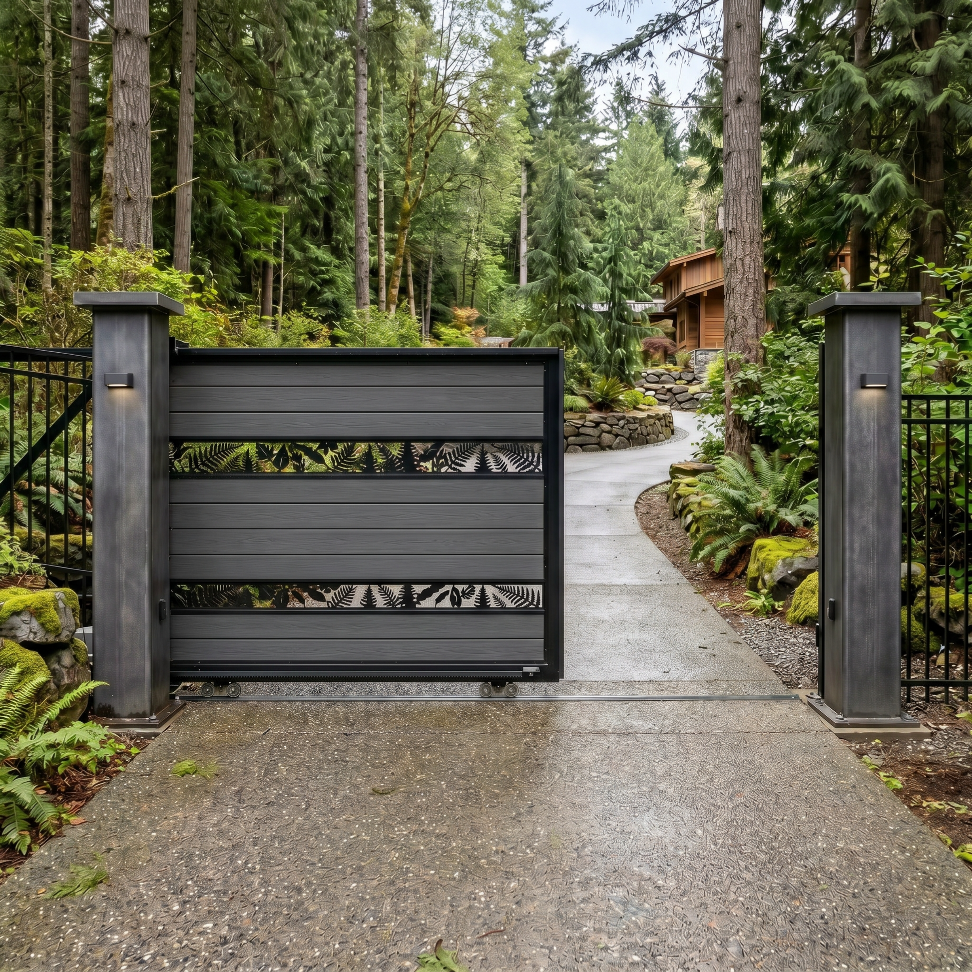 Dark grey cantilever sliding gate with horizontal WPC slats and fern laser-cut band, trackless, sleek anthracite finish