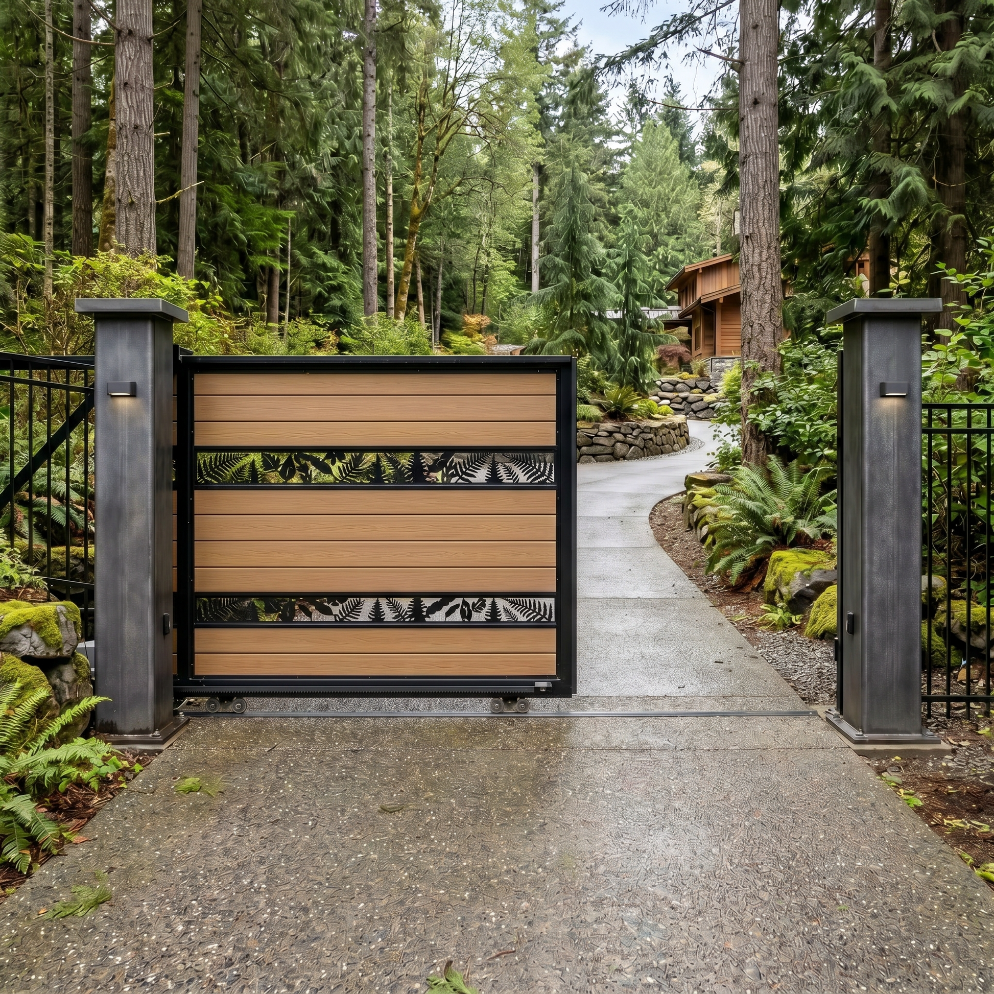 Teak cantilever sliding gate with horizontal WPC slats and a fern laser-cut band, trackless, warm golden wood, aluminium frame