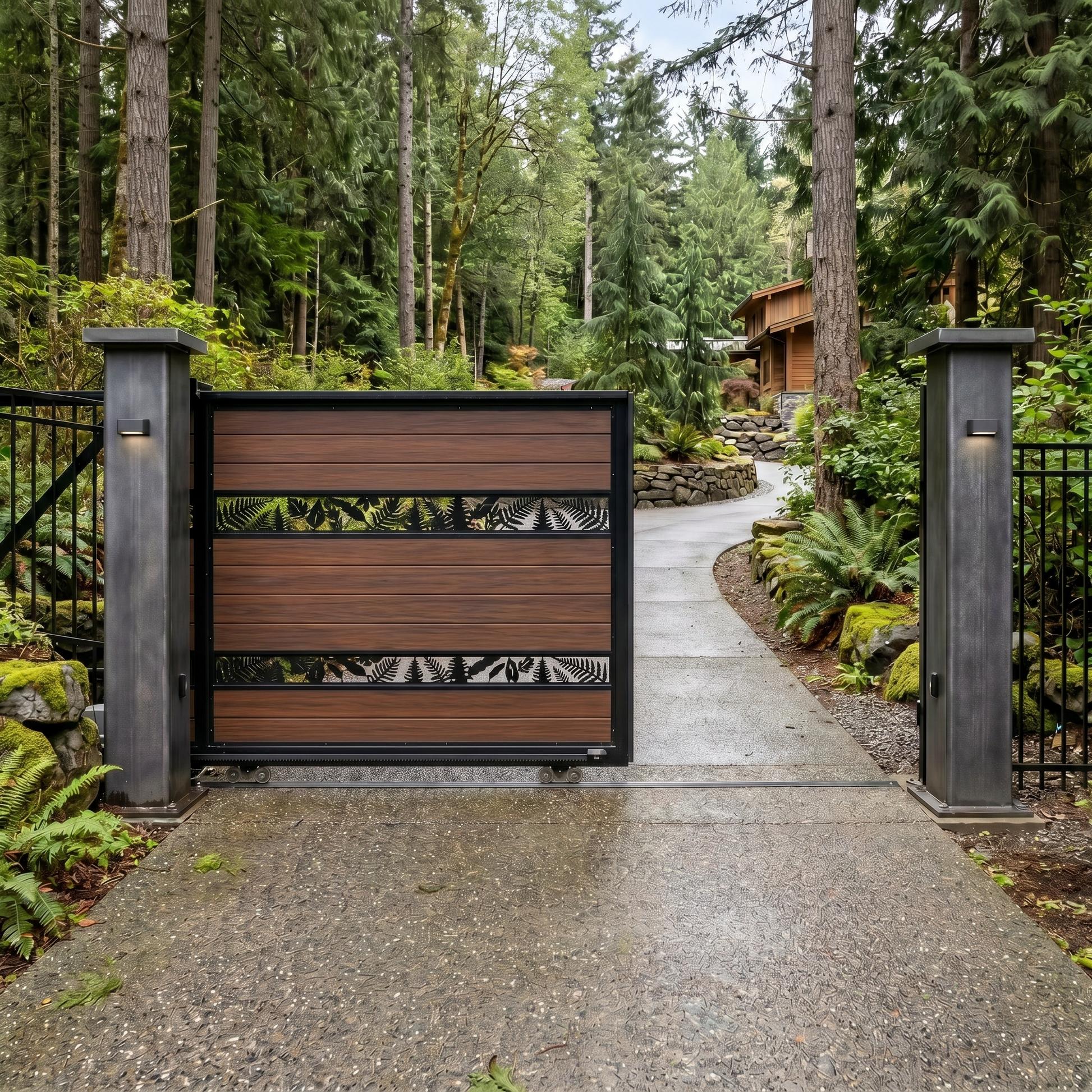 Walnut cantilever sliding gate, horizontal WPC slats with fern laser-cut detail, trackless, rich deep brown wood grain