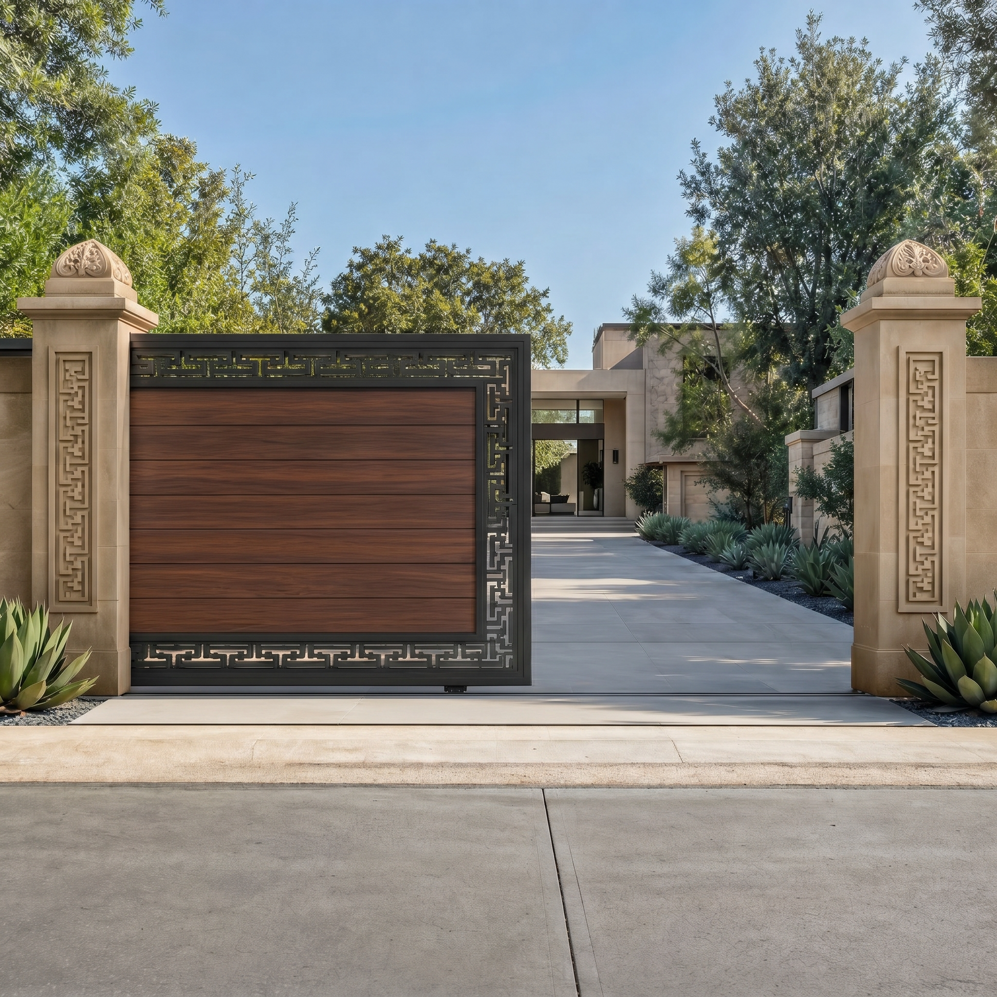 Walnut WPC sliding gate, horizontal slats with Greek-key laser-cut border, rich deep brown, automatic-ready driveway gate