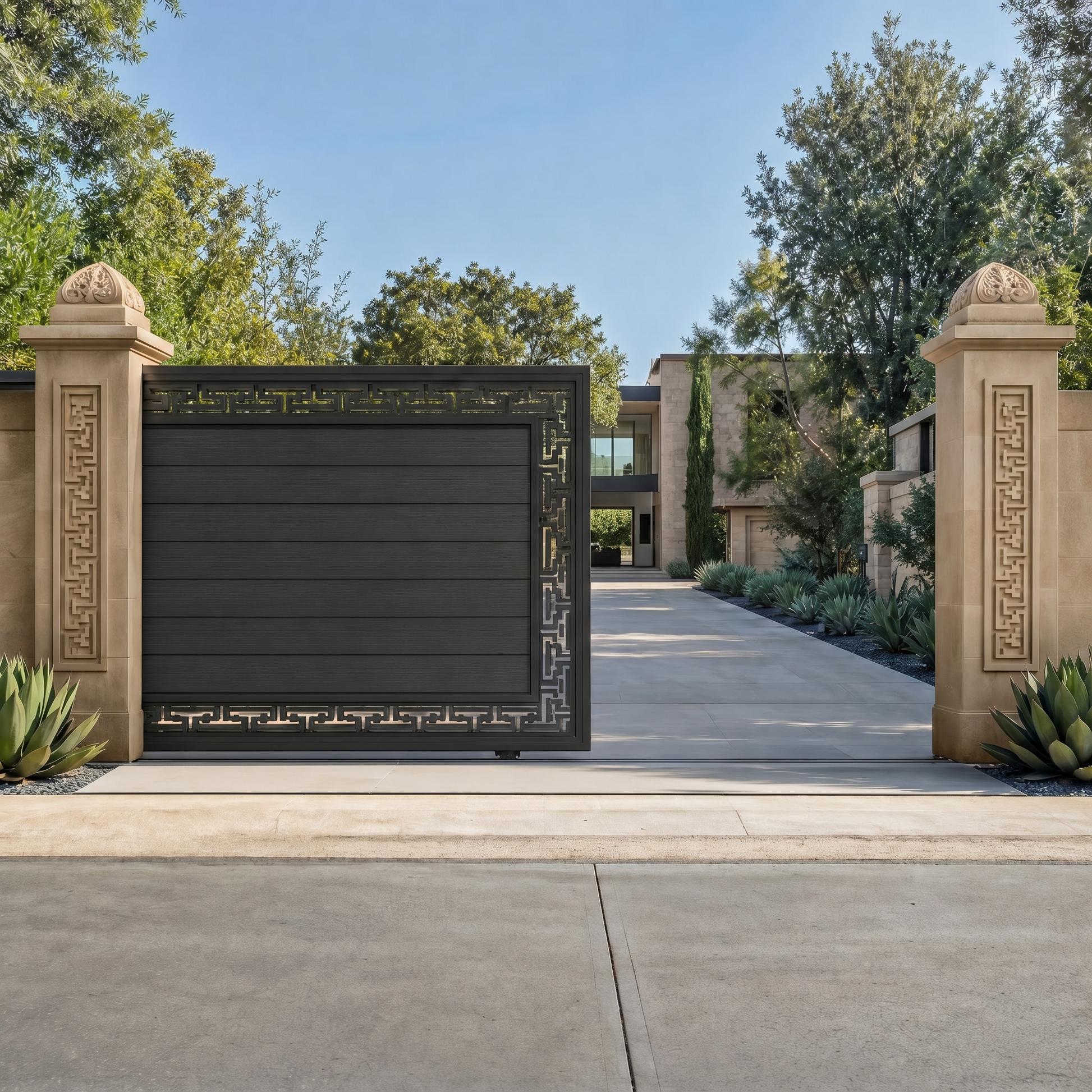 Dark grey WPC sliding gate with horizontal slats and Greek-key laser-cut border, sleek anthracite, automatic-ready