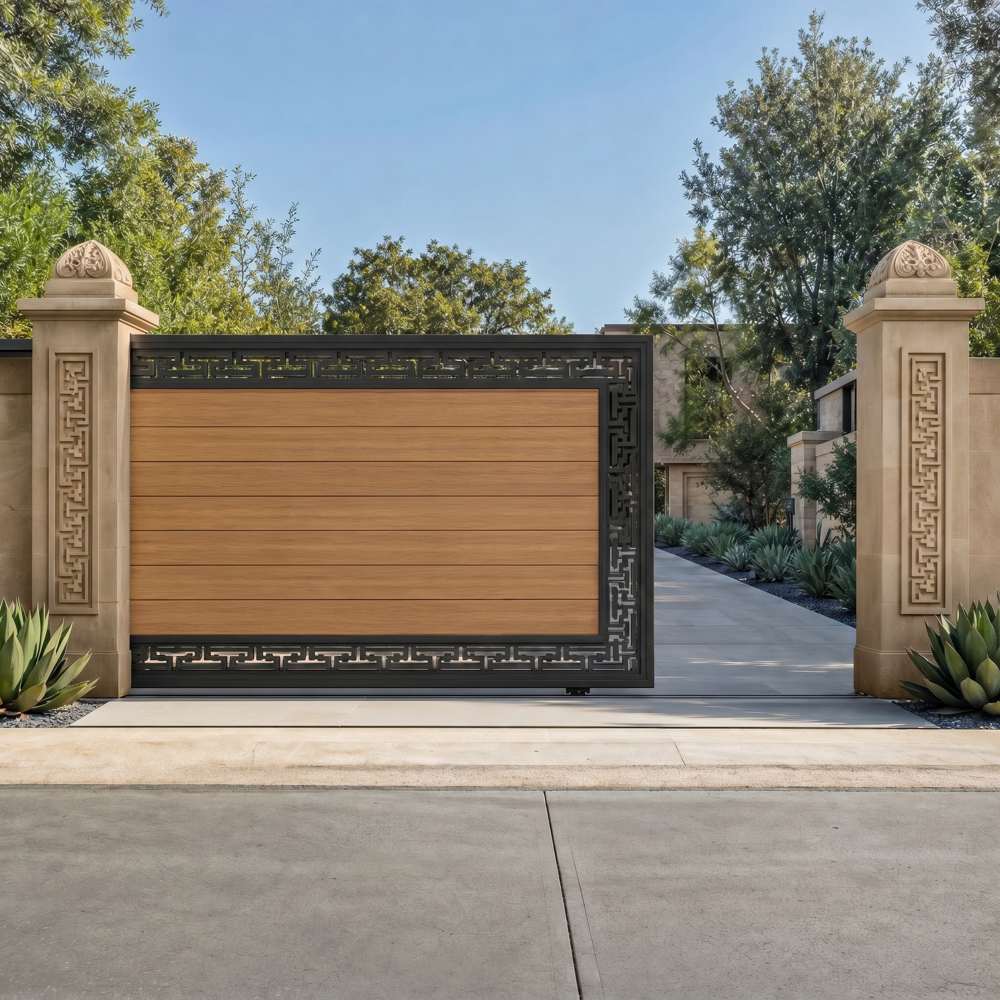 Teak WPC sliding gate with horizontal slats and a Greek-key laser-cut border, automatic-ready, warm golden wood, aluminium frame