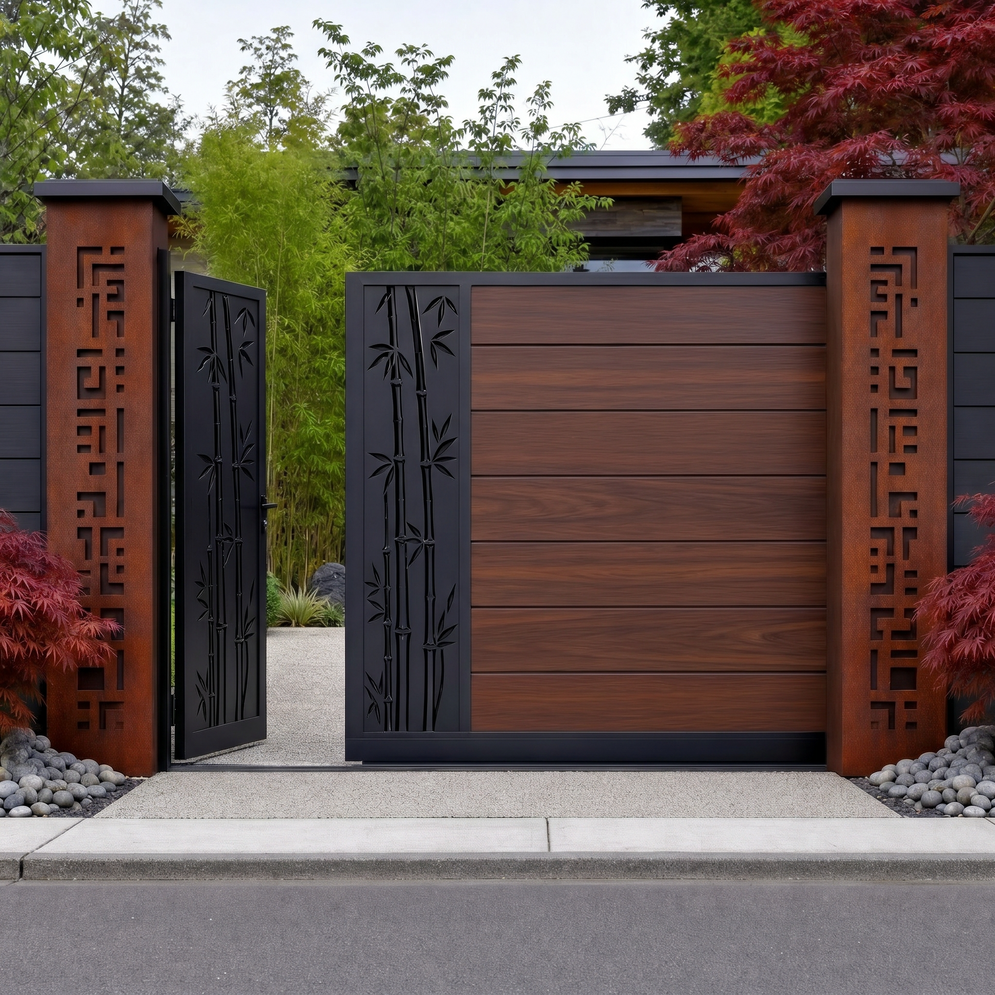 Walnut motorised composite sliding gate, horizontal WPC slats with bamboo side panel and matching pedestrian gate, deep brown