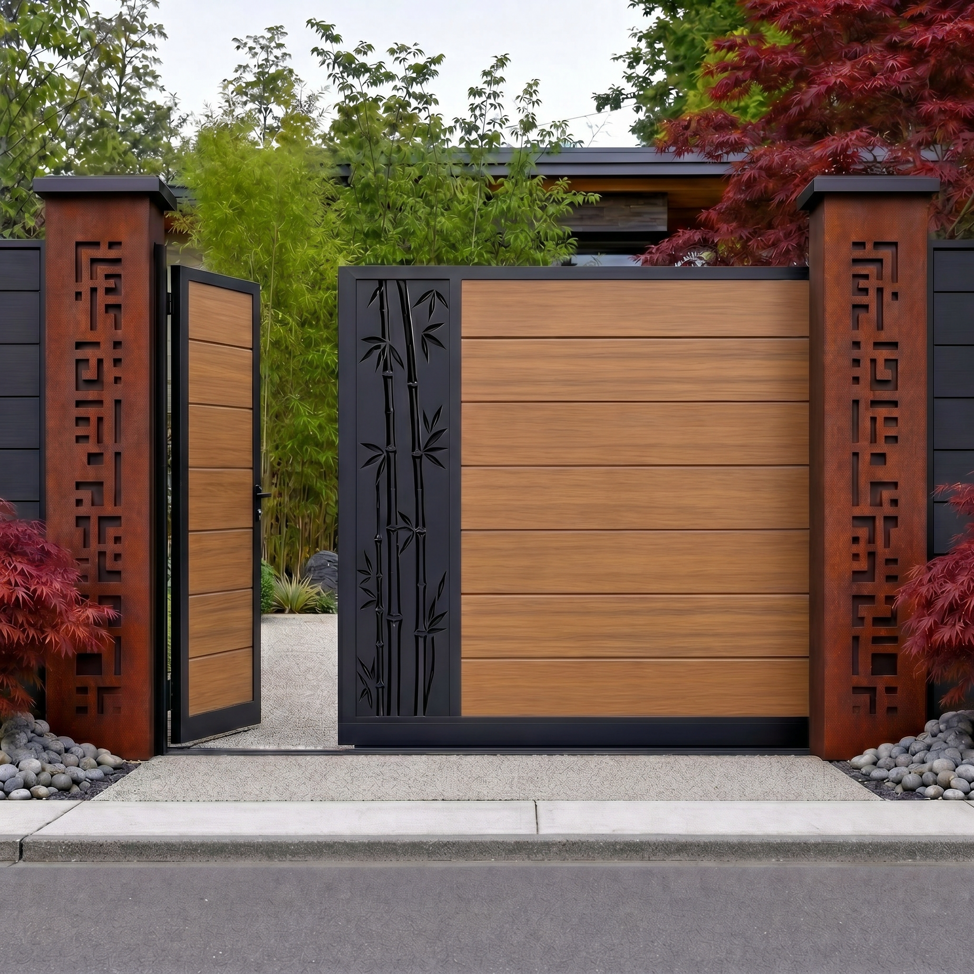 Teak motorised sliding gate, horizontal WPC slats with bamboo laser-cut side panel and matching pedestrian gate, golden wood