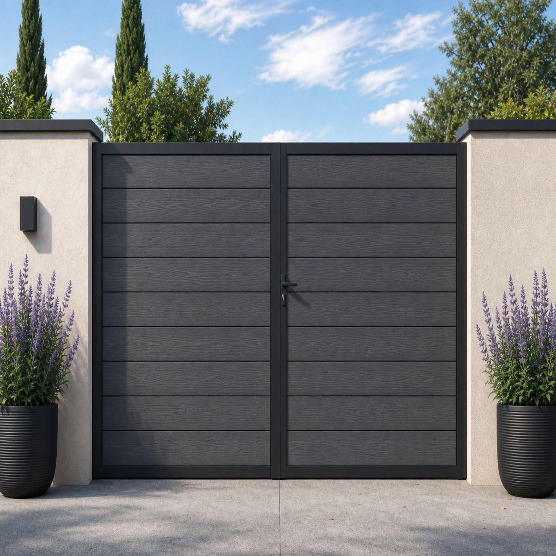 Dark grey composite driveway gate, full-privacy horizontal WPC slats, sleek anthracite finish, double swing aluminium frame