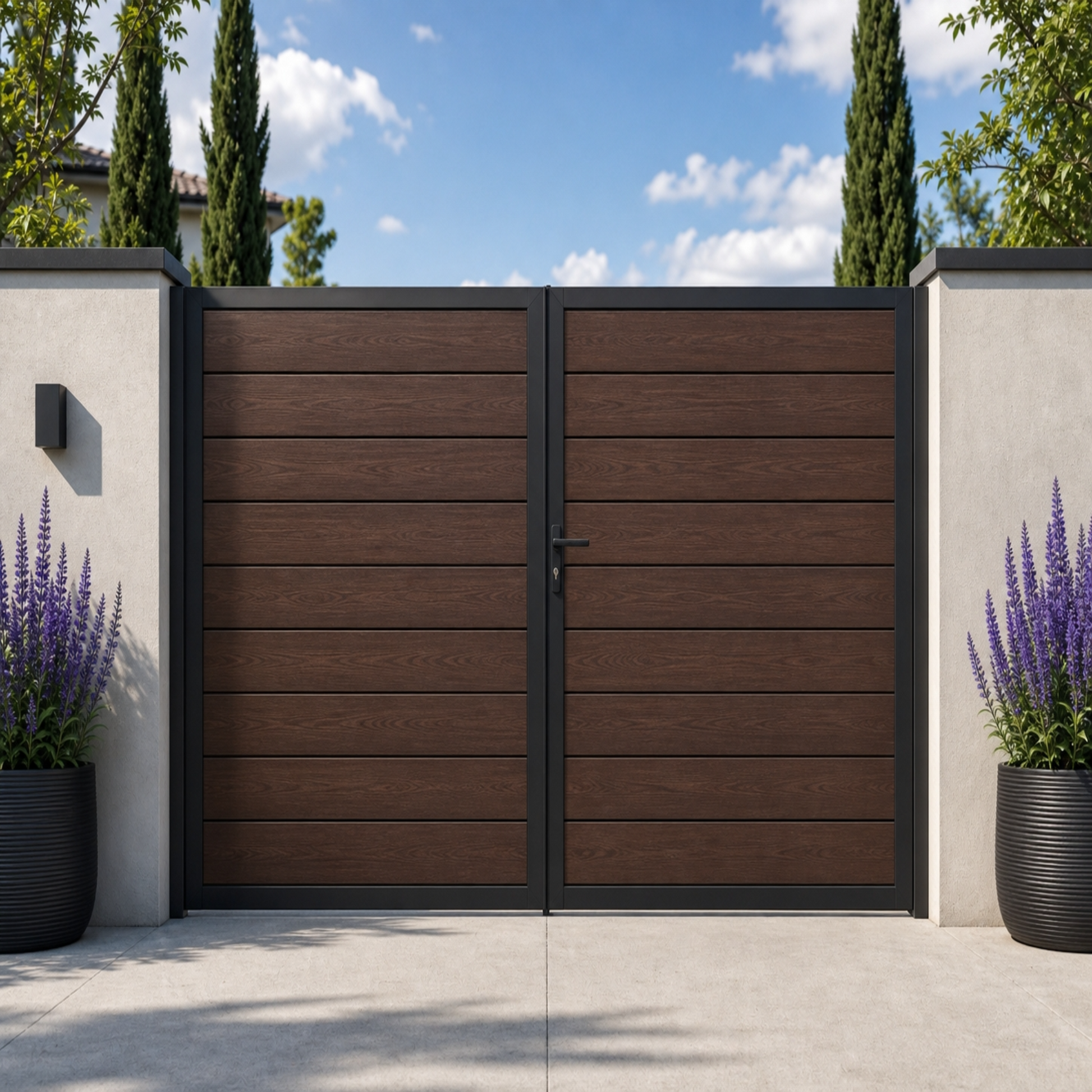 Walnut composite driveway gate, full-privacy horizontal WPC slats in rich deep brown, double swing, black aluminium frame
