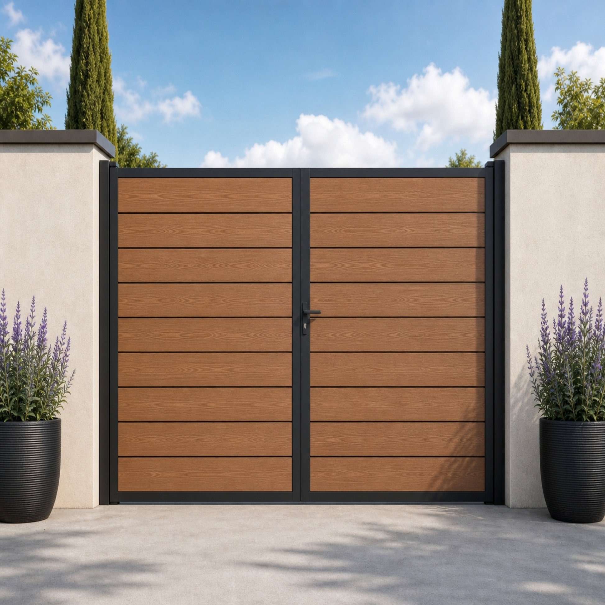 Teak composite driveway gate with full-privacy horizontal WPC slats, double swing, warm golden wood grain, aluminium frame
