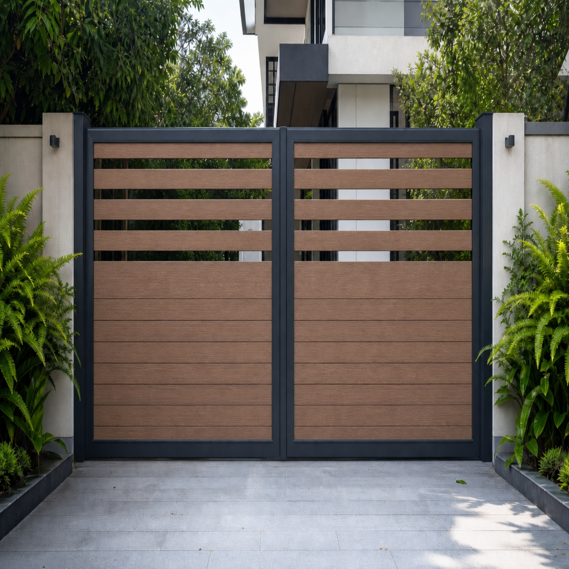 Teak composite driveway gate with spaced-top horizontal WPC slats for semi-privacy, warm honey wood, double swing