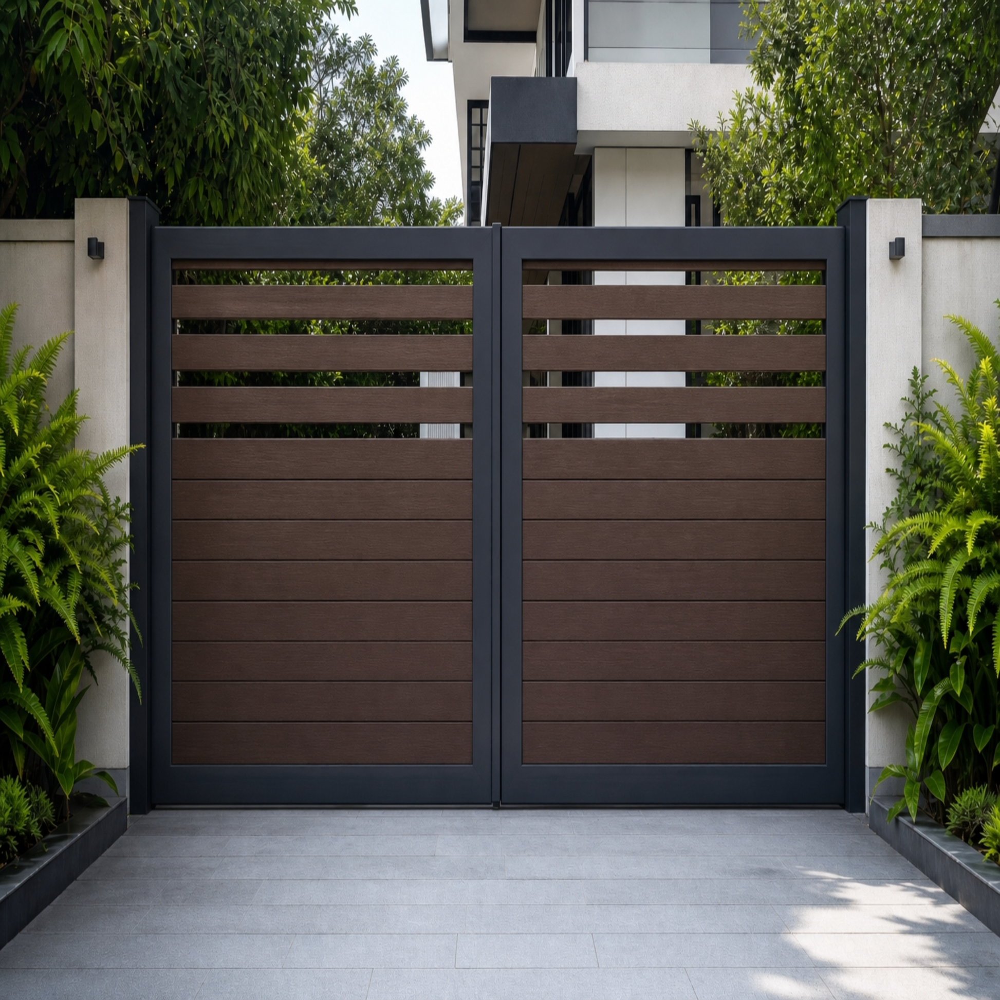 Walnut composite driveway gate, semi-privacy spaced-top WPC slats in rich brown wood grain, double swing, aluminium frame