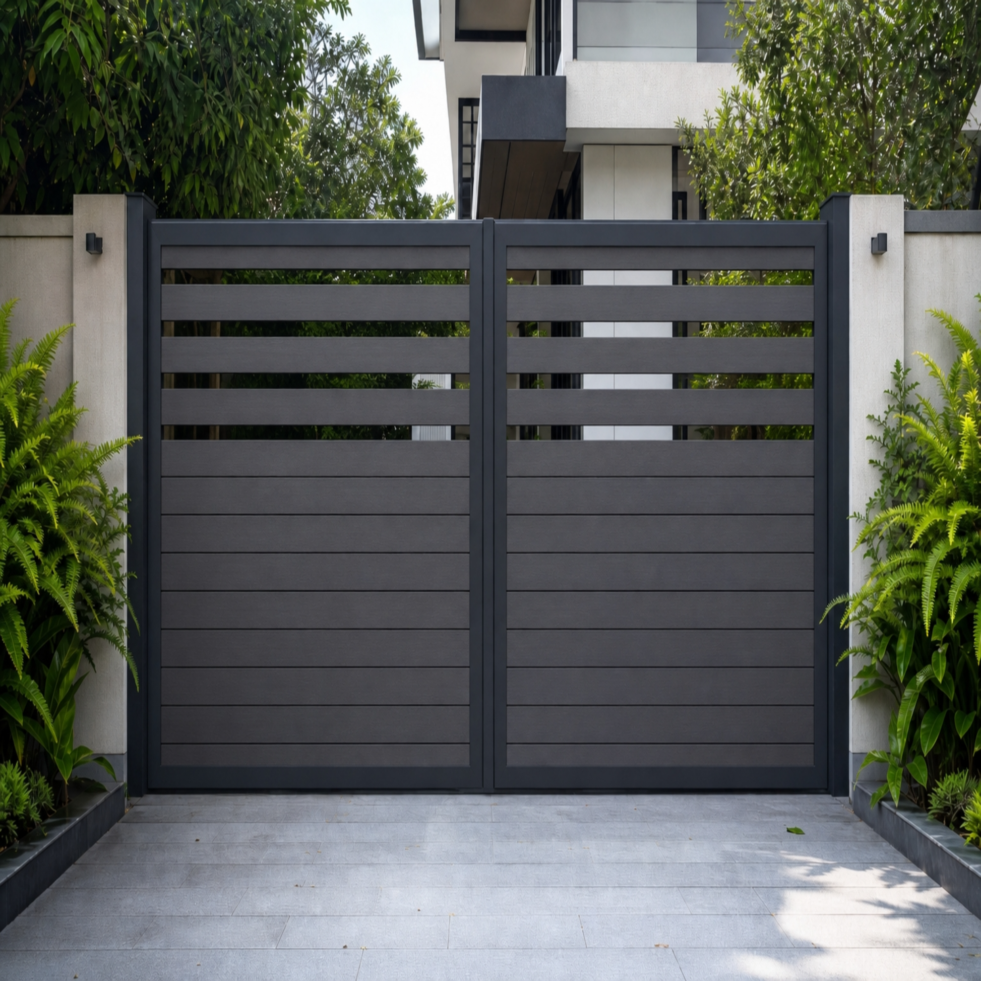 Dark grey composite driveway gate with spaced-top semi-privacy WPC slats, cool modern anthracite finish, double swing