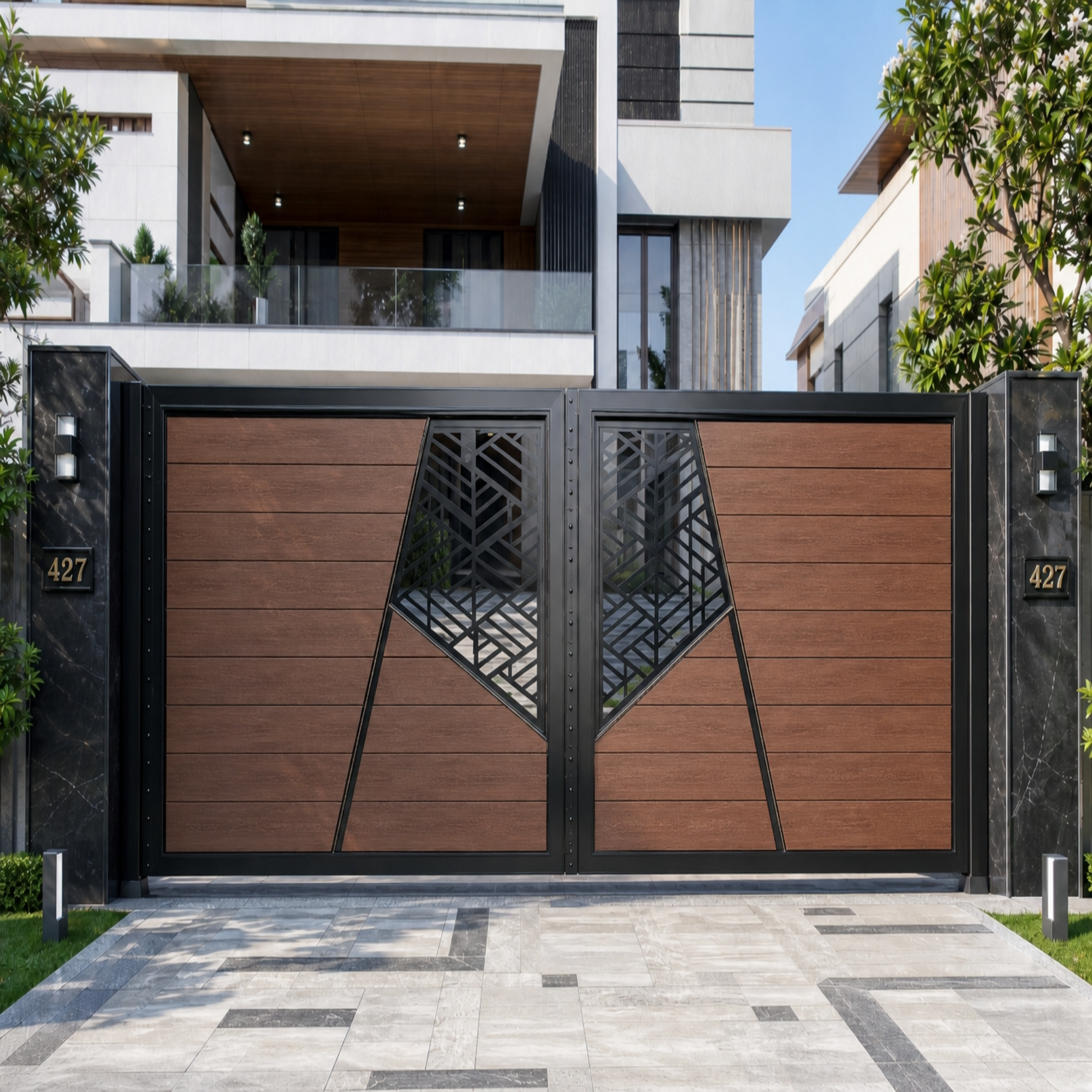 Walnut composite driveway gate, horizontal WPC slats with angular laser-cut centre panel, rich deep brown, double swing