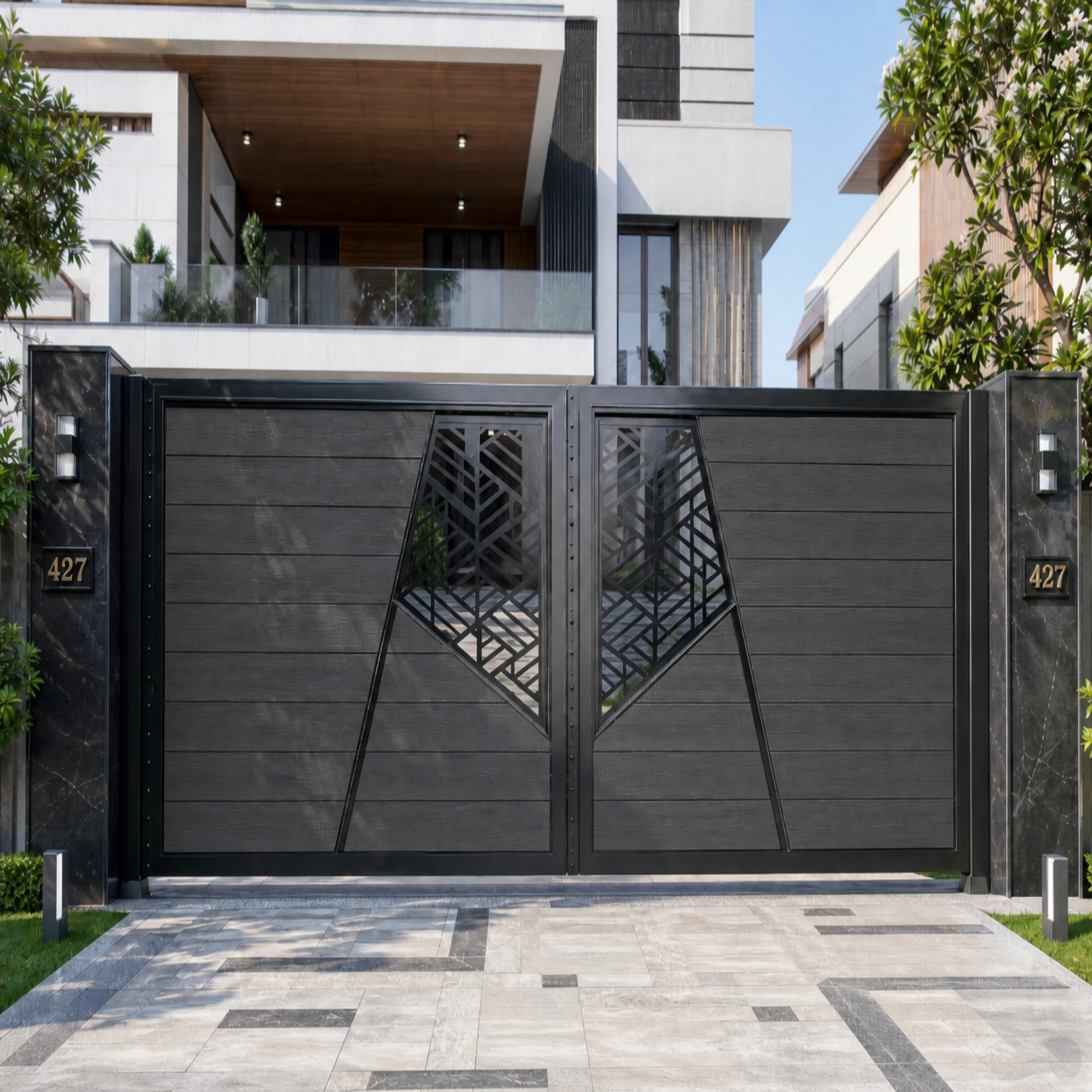 Dark grey composite driveway gate with horizontal WPC slats and geometric laser-cut centre, sleek anthracite, double swing
