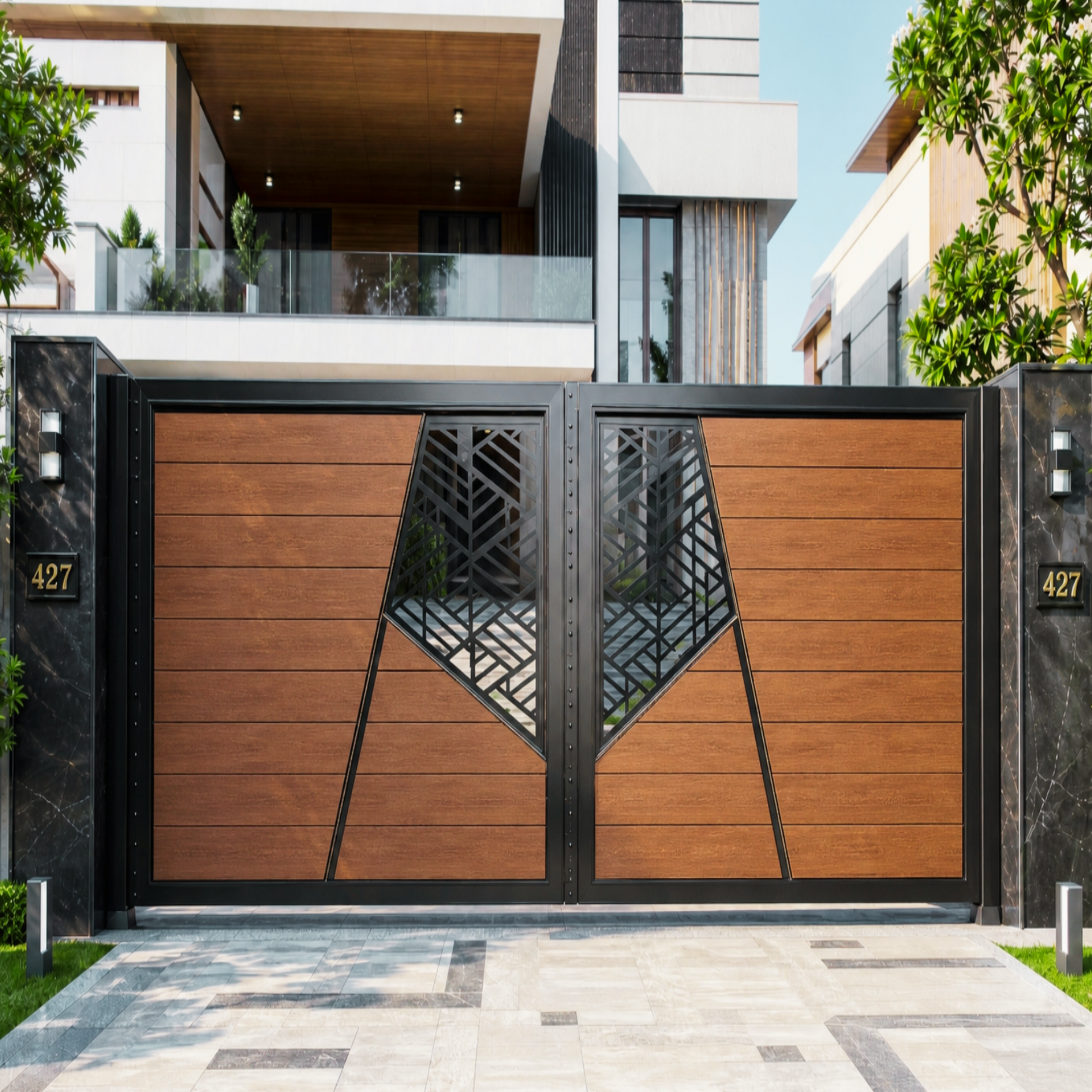 Teak modern composite driveway gate with horizontal WPC slats and geometric laser-cut centre, warm golden wood, double swing