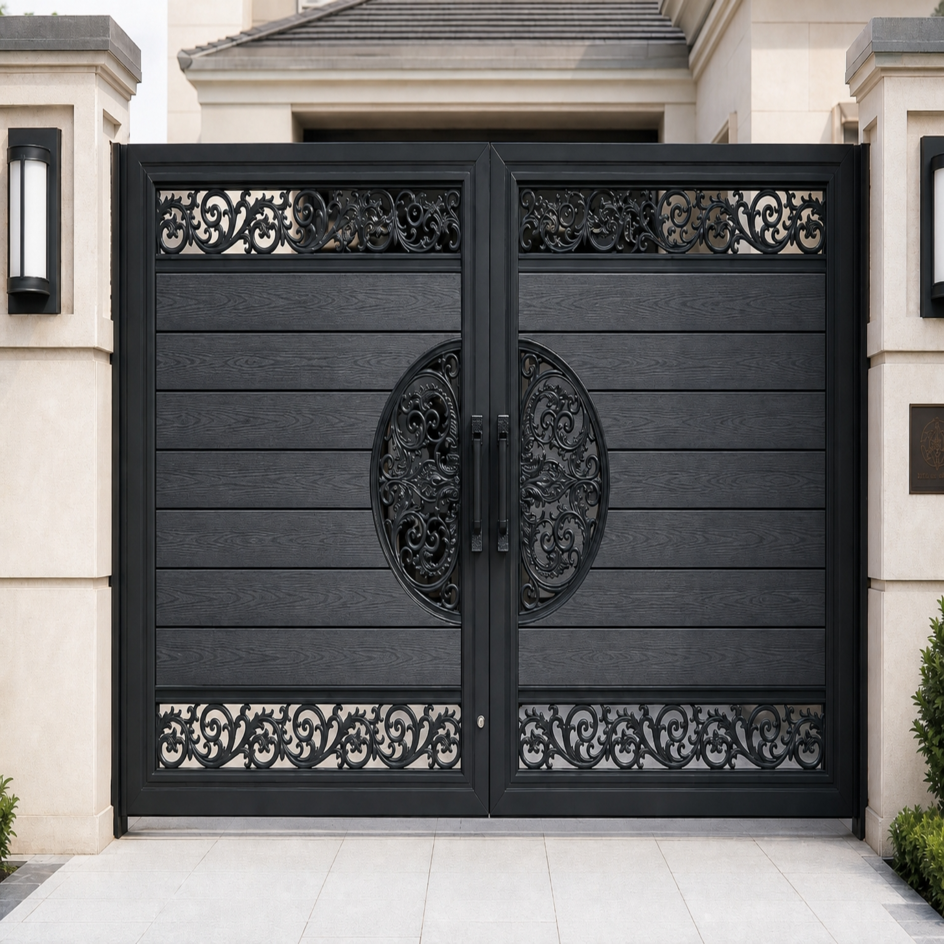 Dark grey composite driveway gate with horizontal WPC infill and ornate scrollwork panels, anthracite finish, double swing