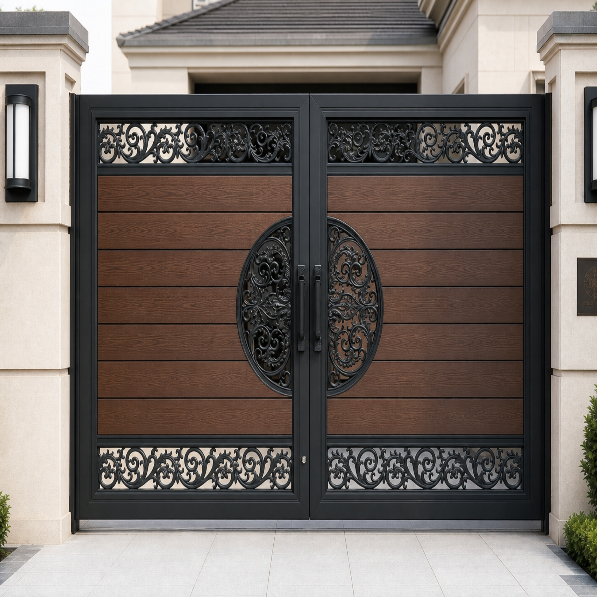 Walnut composite driveway gate, horizontal WPC infill framed by decorative scrollwork, rich deep brown, double swing 