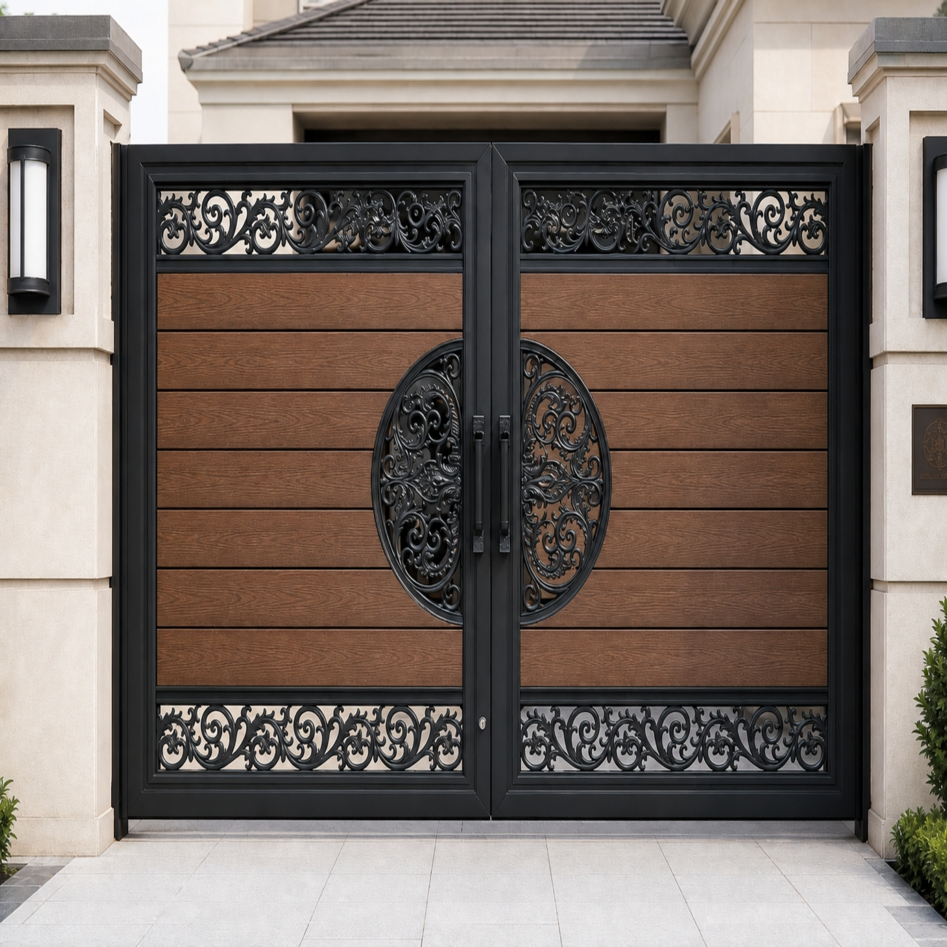 Teak composite driveway gate with horizontal WPC infill and ornate metal scrollwork, warm golden wood, double swing